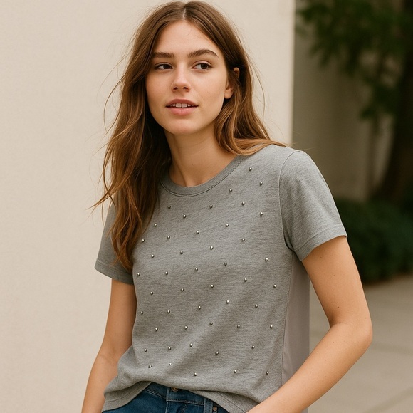 Club Monaco Jewel Embellished Mixed Media Tee XS Heather Grey - Picture 1 of 12